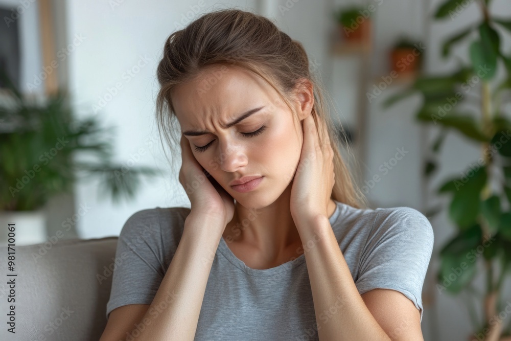 Caucasian woman experiencing neck pain at home while trying to ease muscle discomfort in her living room Caucasian woman experiencing neck pain at home while trying to ease muscle discomfort in her living room