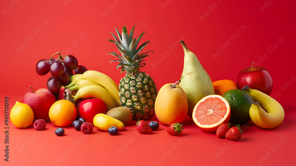 A vibrant assortment of fresh fruit on a red background. A vibrant assortment of fresh fruit on a red background.