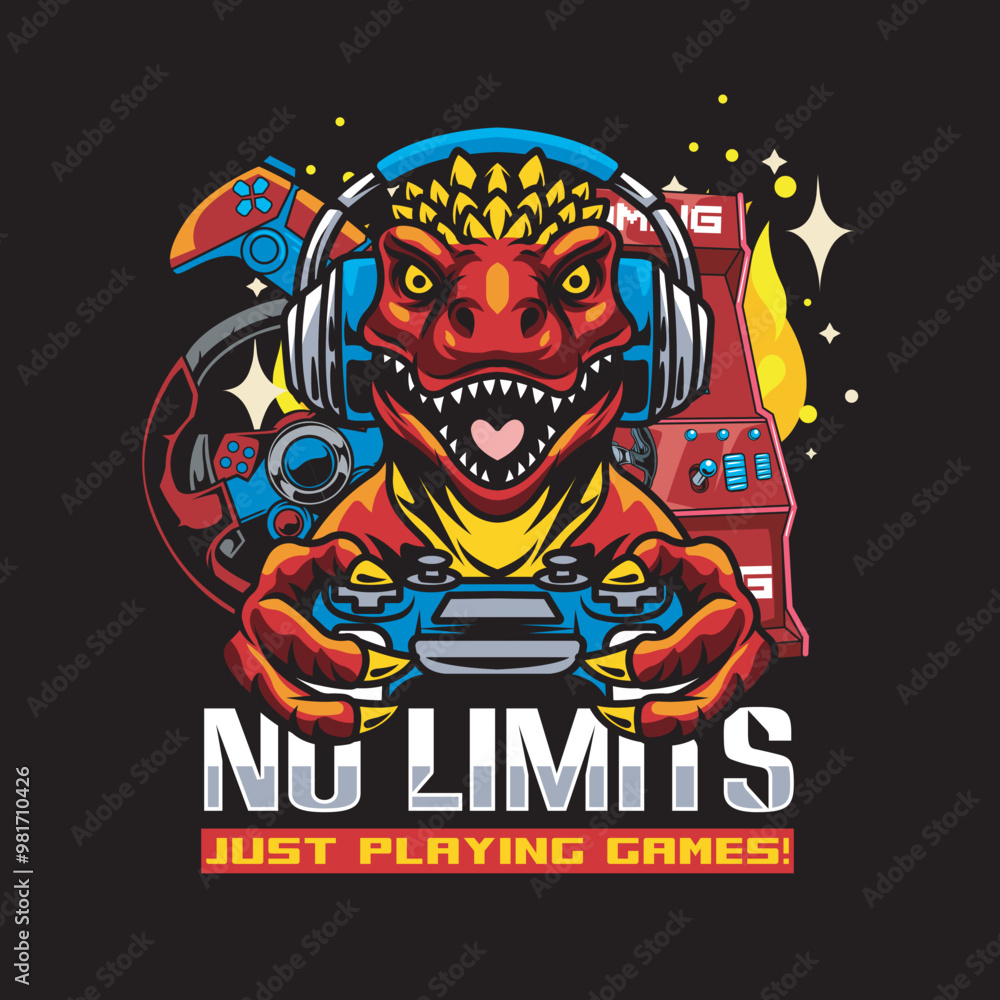 Vector Illustration of Dinosaur Wearing Headphone Playing Joystick with Gaming Wheel and Gaming Machine in Esport Style Illustration Available for Tshirt Design Vector Illustration of Dinosaur Wearing Headphone Playing Joystick with Gaming Wheel and Gaming Machine in Esport Style Illustration Available for Tshirt Design