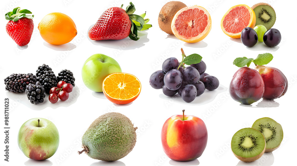 A collection of fresh fruit on a white background. A collection of fresh fruit on a white background.