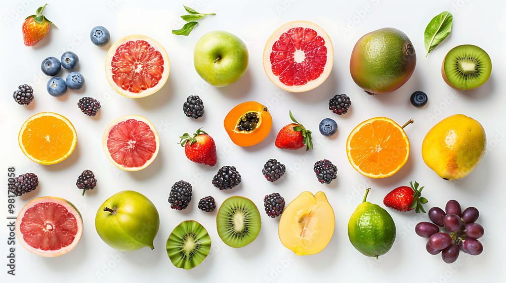 A variety of fresh fruits arranged in rows on a white surface. A variety of fresh fruits arranged in rows on a white surface.