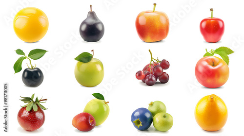 Set of various fresh fruits, including apples, pears, grapes, plums, oranges and strawberries.