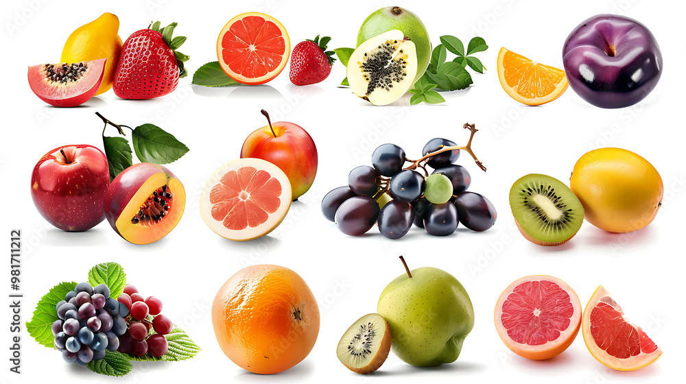 A collage of fresh fruit, including red apples, grapes, papaya, kiwi, plums, oranges, and strawberries. A collage of fresh fruit, including red apples, grapes, papaya, kiwi, plums, oranges, and strawberries.