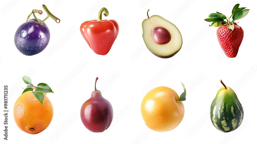 A collection of colorful fruits and vegetables isolated on a white background. A collection of colorful fruits and vegetables isolated on a white background.