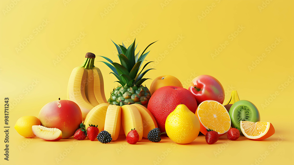 Fresh fruit assortment on yellow background with bananas, pineapple, kiwi, orange, grapefruit, mango, and strawberries. Fresh fruit assortment on yellow background with bananas, pineapple, kiwi, orange, grapefruit, mango, and strawberries.