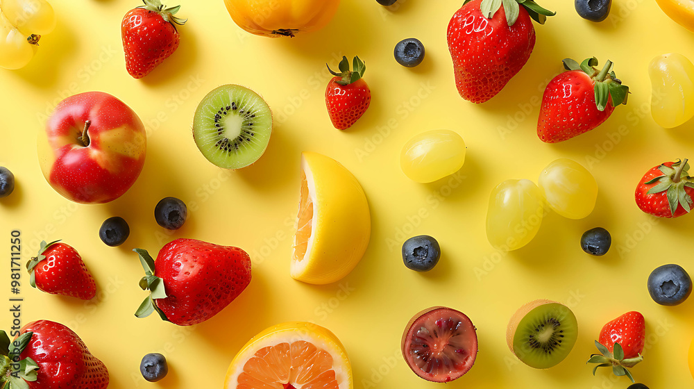 Fresh fruit and berries on a vibrant yellow background. Perfect for a healthy and vibrant food concept. Fresh fruit and berries on a vibrant yellow background. Perfect for a healthy and vibrant food concept.