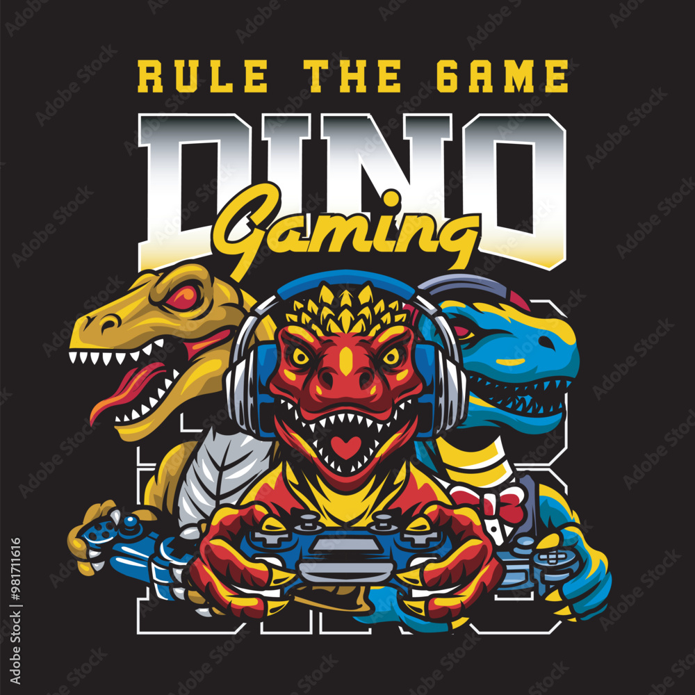 Vector Illustration of Three Dinosaurs Wearing Headphone Playing Joystick with Esport Style Illustration Available for Tshirt Design Vector Illustration of Three Dinosaurs Wearing Headphone Playing Joystick with Esport Style Illustration Available for Tshirt Design