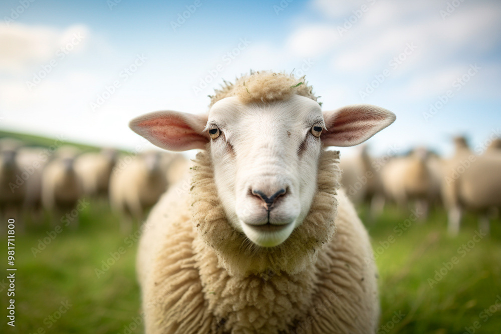 Lamb or sheep standing with a cross atop a distant hill. Lamb or sheep standing with a cross atop a distant hill.