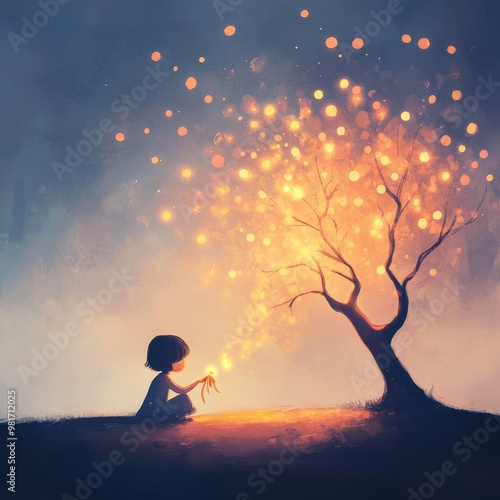 A child sits beside a glowing tree, its branches illuminated by soft, golden lights. Perfect for children's books, sophrology, and storytelling.