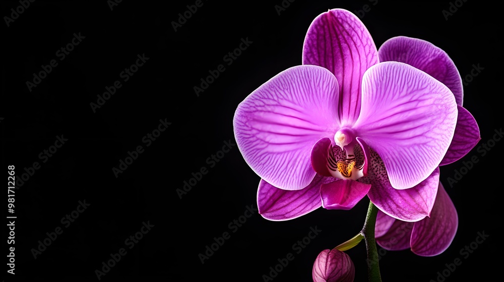 Single orchid flower in deep purple tones, set against a pure black backgroundThe flower's graceful lines create a high-end, sophisticated aesthetic Single orchid flower in deep purple tones, set against a pure black backgroundThe flower's graceful lines create a high-end, sophisticated aesthetic