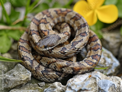 A snake is curled up on a rock. The snake is brown and black with a yellow flower in the background photo