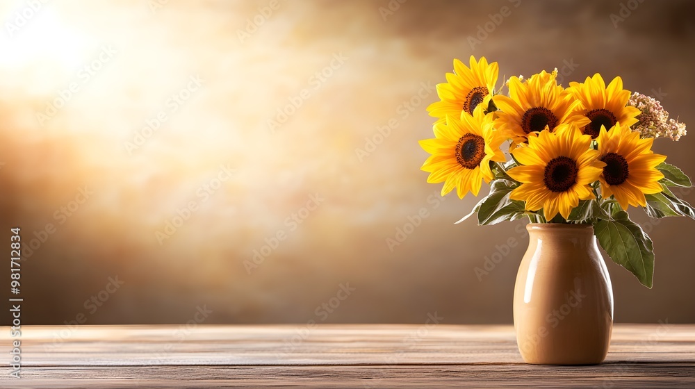 Sunflowers arranged in a classic vase on a rustic table, sunlight illuminating their vibrant petals, perfect for a welcoming home decor theme Sunflowers arranged in a classic vase on a rustic table, sunlight illuminating their vibrant petals, perfect for a welcoming home decor theme