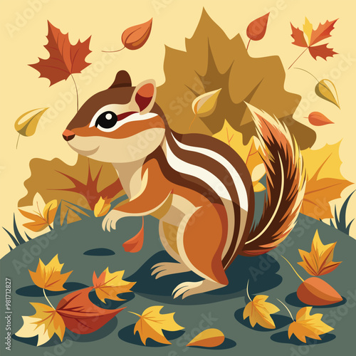 Vector Illustration of a Chipmunk Scurrying Through Fallen Leaves in an Autumn Forest - A Playful and Charming Depiction of Nature's Seasonal Beauty
