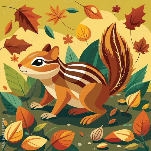 Vector Illustration of a Chipmunk Scurrying Through Fallen Leaves in an Autumn Forest - A Playful and Charming Depiction of Nature's Seasonal Beauty