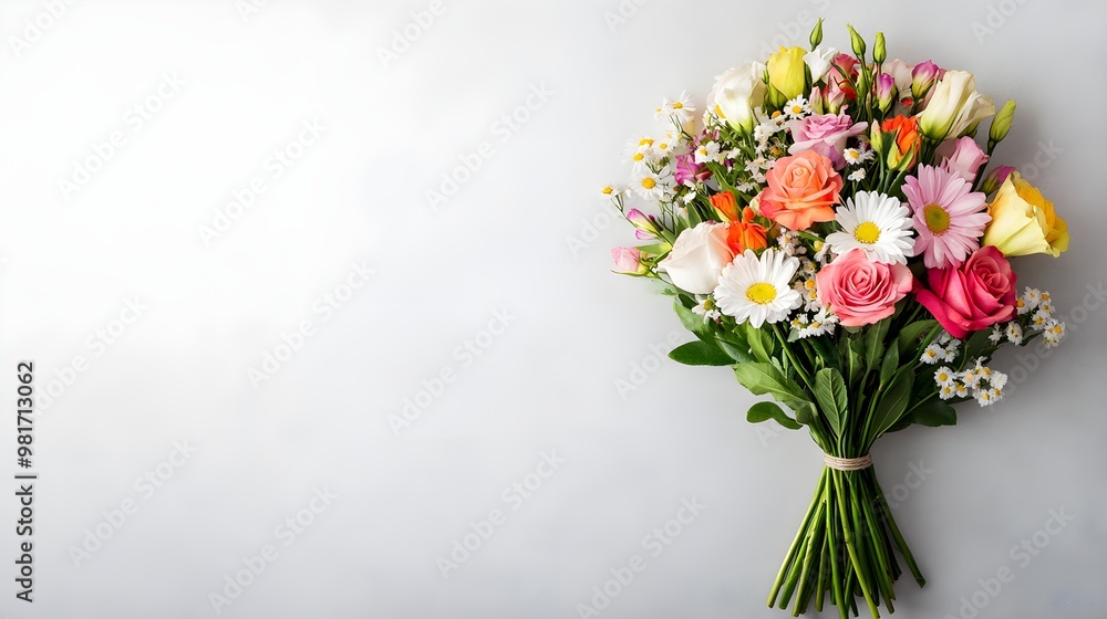 Top-down shot of a mixed floral bouquet, showcasing roses, lilies, and daisiesThe vivid colors pop on a neutral white surface, perfect for celebration themes Top-down shot of a mixed floral bouquet, showcasing roses, lilies, and daisiesThe vivid colors pop on a neutral white surface, perfect for celebration themes