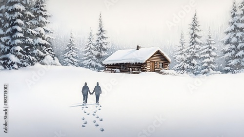 Watercolor of two people s footprints in the snow, leading towards a cozy cabin, Winter journey, Relationship connection