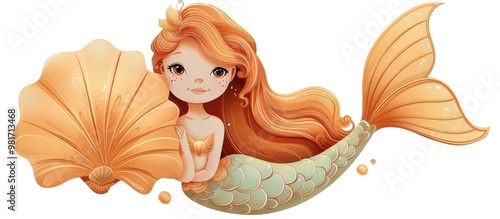 Whimsical of a beautiful cartoon mermaid with long flowing orange hair swimming underwater in the ocean with coral seaweed and bubbles surrounding her photo