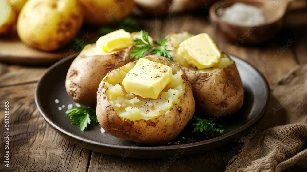 Zooming in on a Delicious Baked Potatoes with Melted Butter on a Wooden Table Zooming in on a Delicious Baked Potatoes with Melted Butter on a Wooden Table