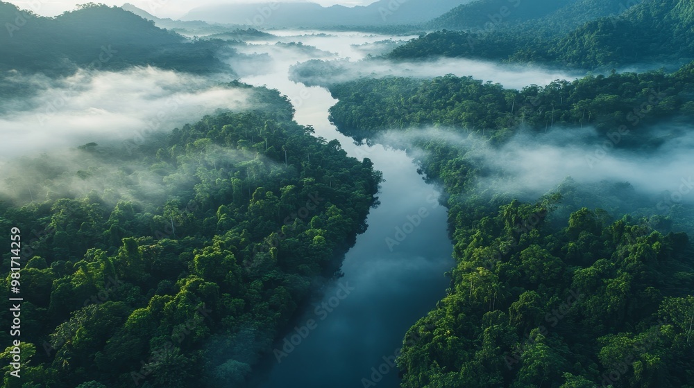 Obraz premium Drone perspective capturing a vast, untouched rainforest with mist rolling through the towering trees, showcasing environmental preservation. close up - Eco-tourism theme - realistic - Double exposure