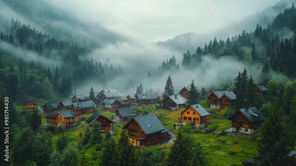 Fototapeta premium Aerial view of a fog-covered mountain village, rustic wooden houses scattered amidst lush green trees, soft pastel colors, misty morning, watercolor style