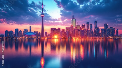 Panoramic city skyline glowing with vibrant lights as day turns to night, with the sun setting on the horizon selective focus, twilight theme, surreal, blend mode, riverside backdrop