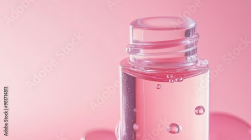 A Close-up of a clear liquid cosmetic product pink background