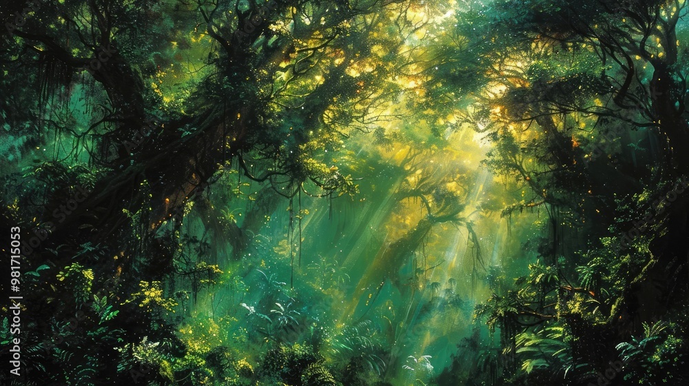 Obraz premium Stunning natural landscape of a lush verdant forest with a dense canopy of trees illuminated by streaming sunbeams filtering through the foliage creating a serene and tranquil atmosphere
