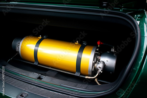 Yellow GNV gas cylinder vehicle, a type of fuel known as compressed natural gas (CNG). photo