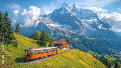 Wallpaper Mural Orange Train Ascending a Mountain Pass with a Snowy Peak in the Background Torontodigital.ca