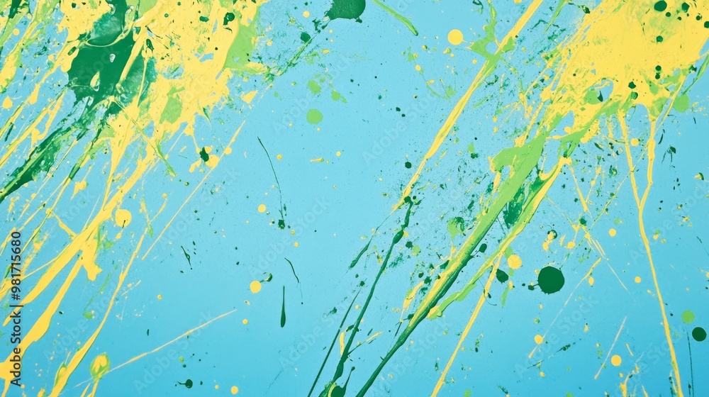 Yellow and green paint splashes on a sky blue background generative ai Yellow and green paint splashes on a sky blue background generative ai