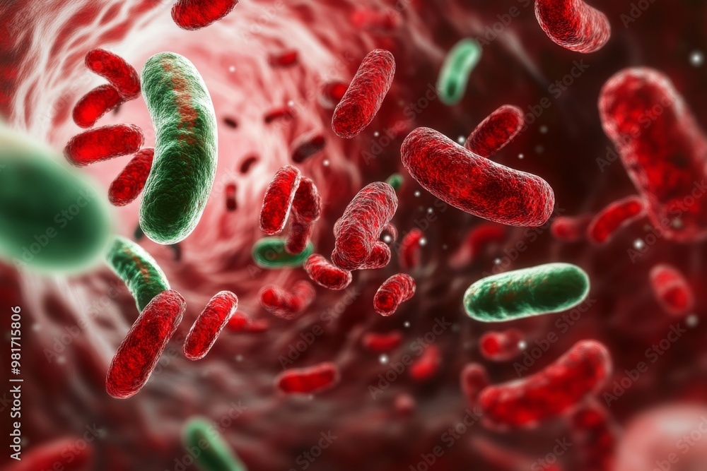 Pathogenic bacteria in the bloodstream with red blood cells illustrating the concept of septicemia or sepsis Pathogenic bacteria in the bloodstream with red blood cells illustrating the concept of septicemia or sepsis