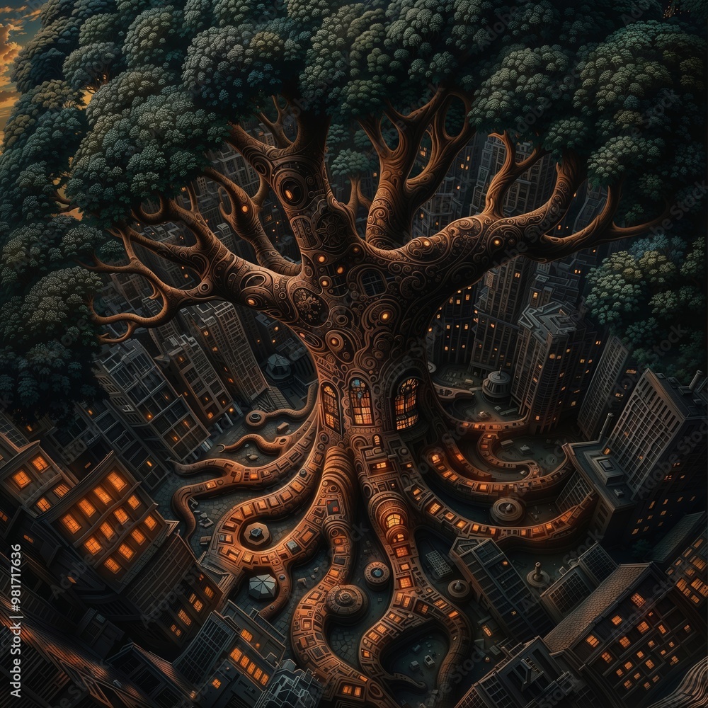 Obraz premium Enchanted Tree in Futuristic Cityscape at Dusk with Illuminated Windows
