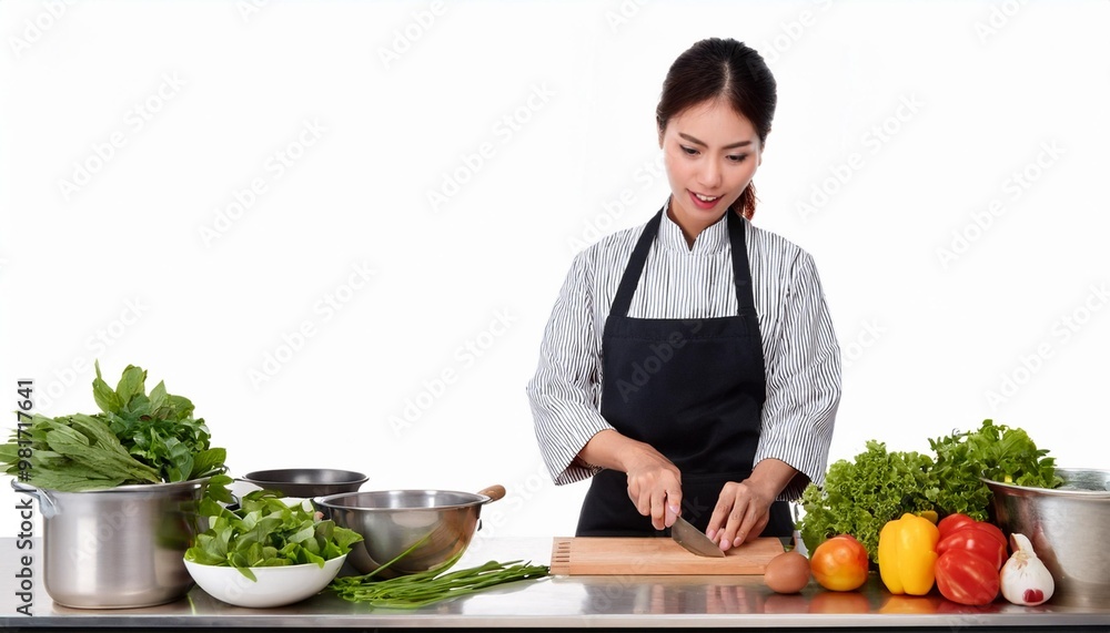 Asian Chef Preparing Fresh Ingredients in a Modern Kitchen Isolated on White Background, Clipping Path, Full Depth of Field Asian Chef Preparing Fresh Ingredients in a Modern Kitchen Isolated on White Background, Clipping Path, Full Depth of Field