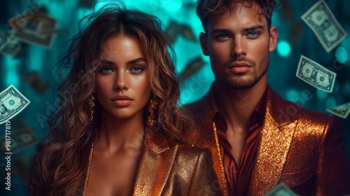 Elegant Couple in Glamorous Outfits with Floating Dollar Bills