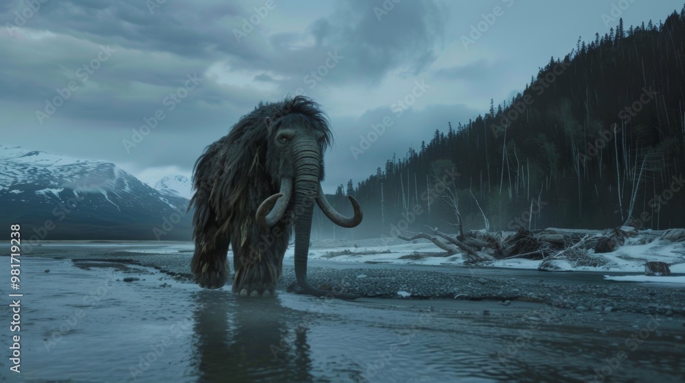 Massive Woolly Mammoth Roaming Frozen Tundra Landscape During Ice Age ...