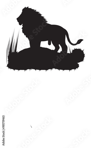 Majestic lion.Illustrated silhouette of a male lion standing on a rocky outcrop.

