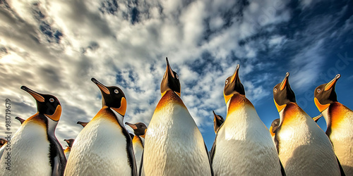 Antarctic Chorus: A colony of King Penguins gaze skyward, their stark black and white plumage contrasting against the vibrant blue and white canvas of the South Pole. 