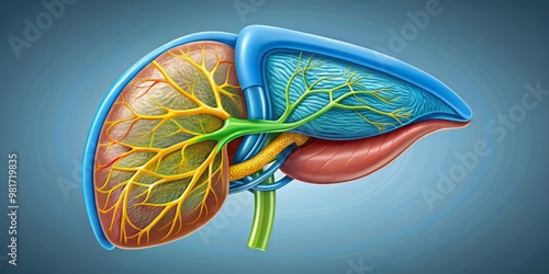 Detailed vector illustration of the liver and gallbladder on a light gray background, showcasing the hepatic vessels and bile ducts in bright blue and yellow photo