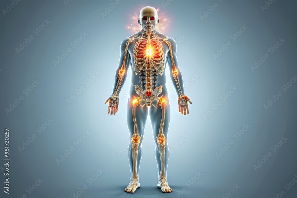 Illustration of a human body with a highlighted area of an allergic reaction in the skin, overlaid on a 3D scan image, set against a minimalist white background to emphasize the medical Illustration of a human body with a highlighted area of an allergic reaction in the skin, overlaid on a 3D scan image, set against a minimalist white background to emphasize the medical