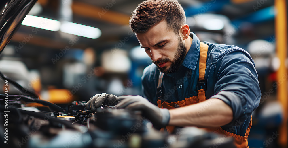 A man is working on a car engine in a garage A man is working on a car engine in a garage