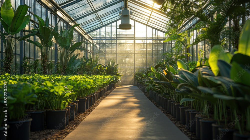 A smart greenhouse with fully automated climate control, filled with lush plants. A smart greenhouse with fully automated climate control, filled with lush plants.