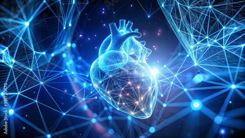 a futuristic medical visualization depicting the myocardium as a 3D network of fibers and vessels suspended in a deep blue backdrop with glowing blue ultrasound waves crisscrossing 