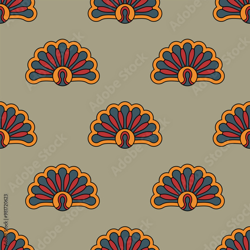 Seamless geometrical pattern with vintage palmette motifs. Folk style. On light background.