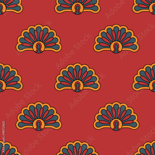 Seamless geometrical pattern with vintage palmette motifs. Folk style. On red background.
