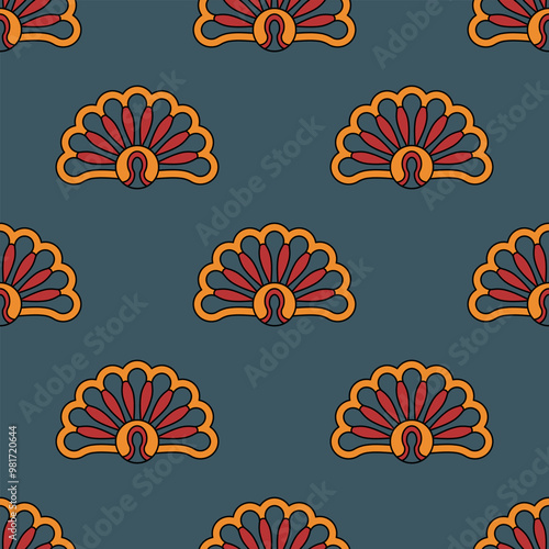 Seamless geometrical pattern with vintage palmette motifs. Folk style. On turquoise background.