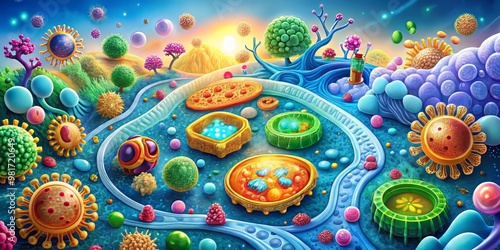 Illustration of the Nrf2 Pathway and its regulation of Oxidative Stress and Inflammation, featuring a stylized cellular landscape with bold, colorful organelles and subtle gradients photo