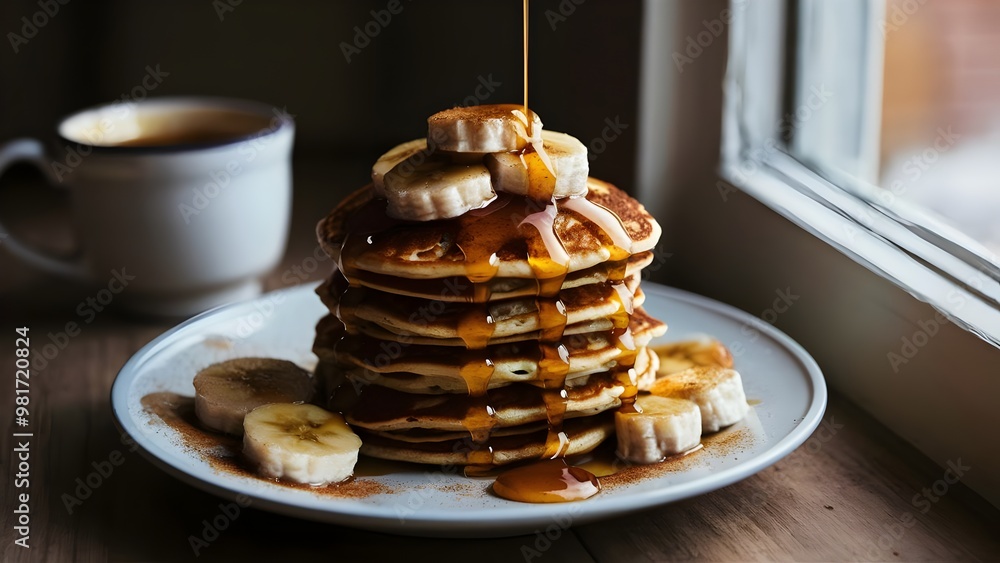 Fluffy Banana Pancakes with Melted Butter and Syrup Fluffy Banana Pancakes with Melted Butter and Syrup