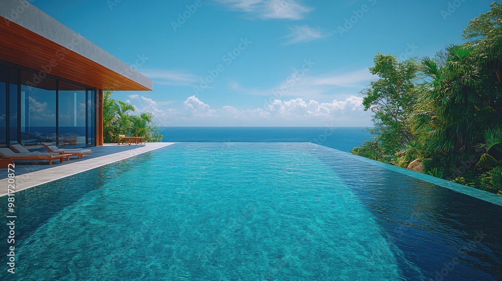 Fototapeta premium Serene Paradise: Luxurious Infinity Pool with Breathtaking Tropical Ocean View