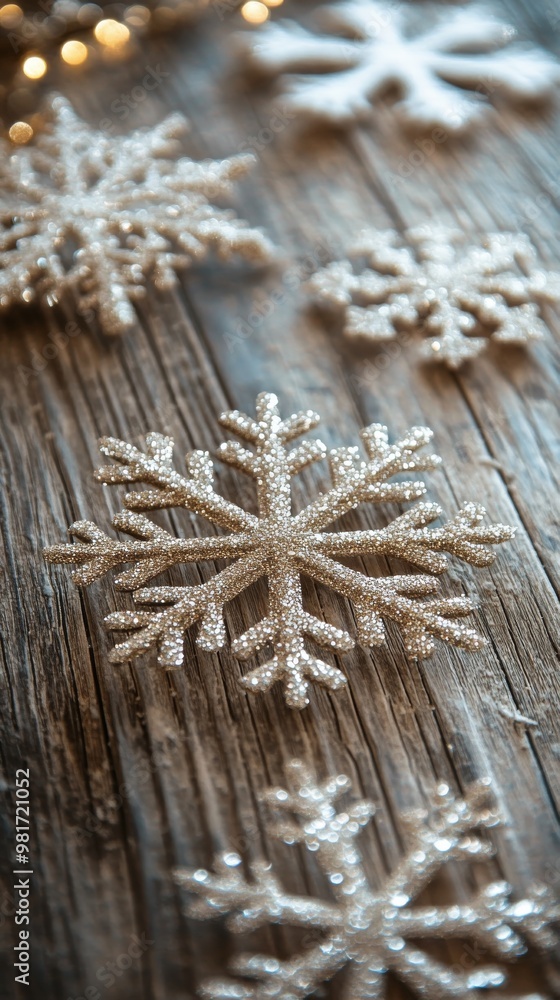 Obraz premium Close-up of glitter snowflakes on rustic