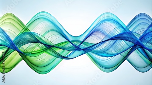 Intricate, swirling patterns of ultrasonic waves in shades of blue and green, set against a stark white background, with precise lines and crisp edges, conveying the dynamic energy 